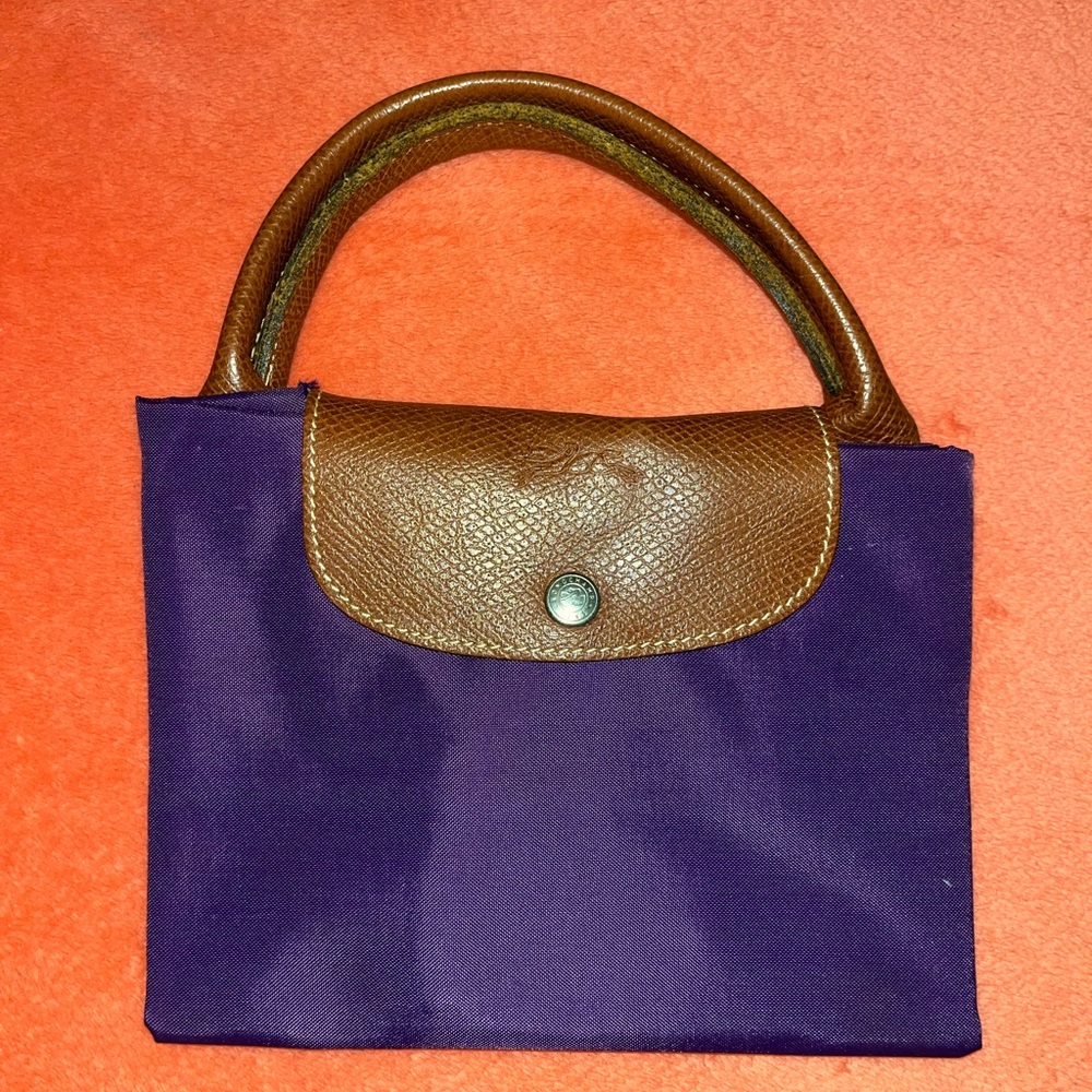 Longchamp Purple Nylon Tote with Brown Leather Trim with Short Handles(med size)